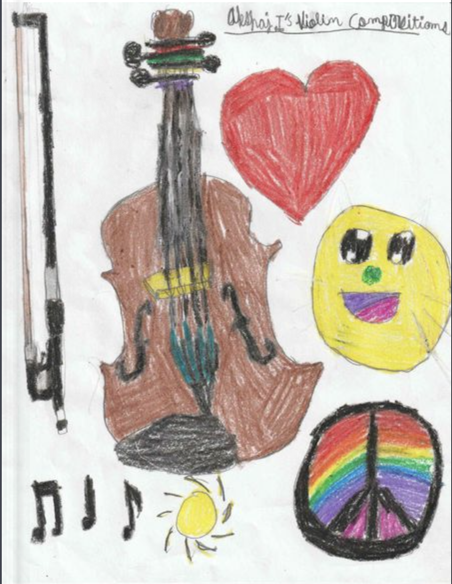 a drawing of a violin, peace sign, heart, and smile face made by child